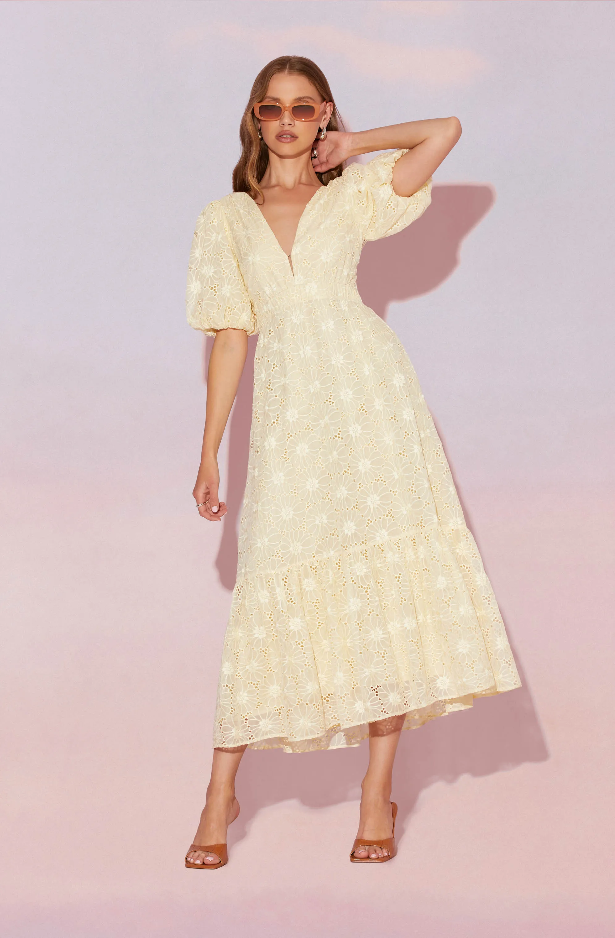 Jaxine Eyelet Puff Sleeve Open Back Midi Dress