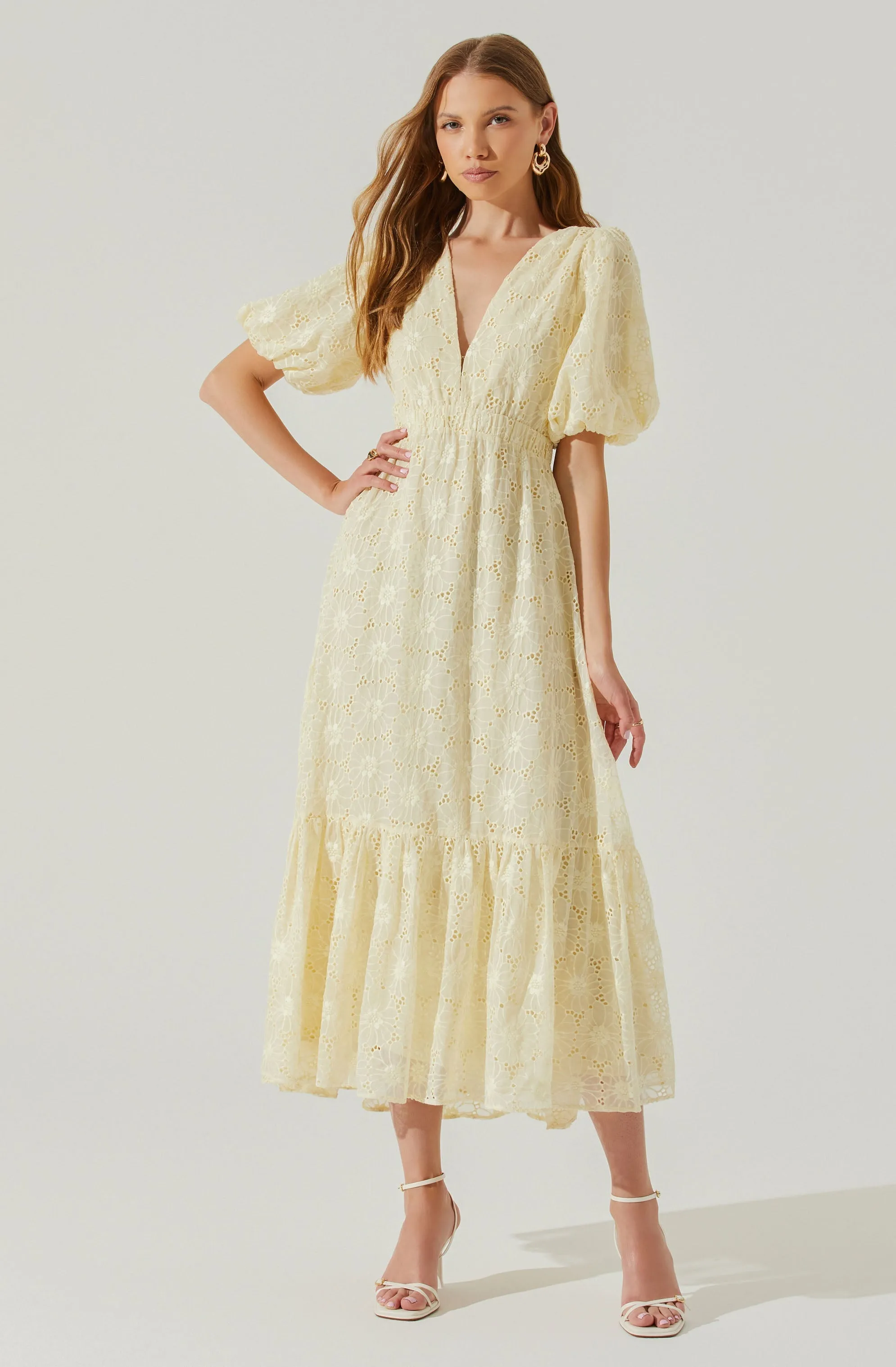 Jaxine Eyelet Puff Sleeve Open Back Midi Dress