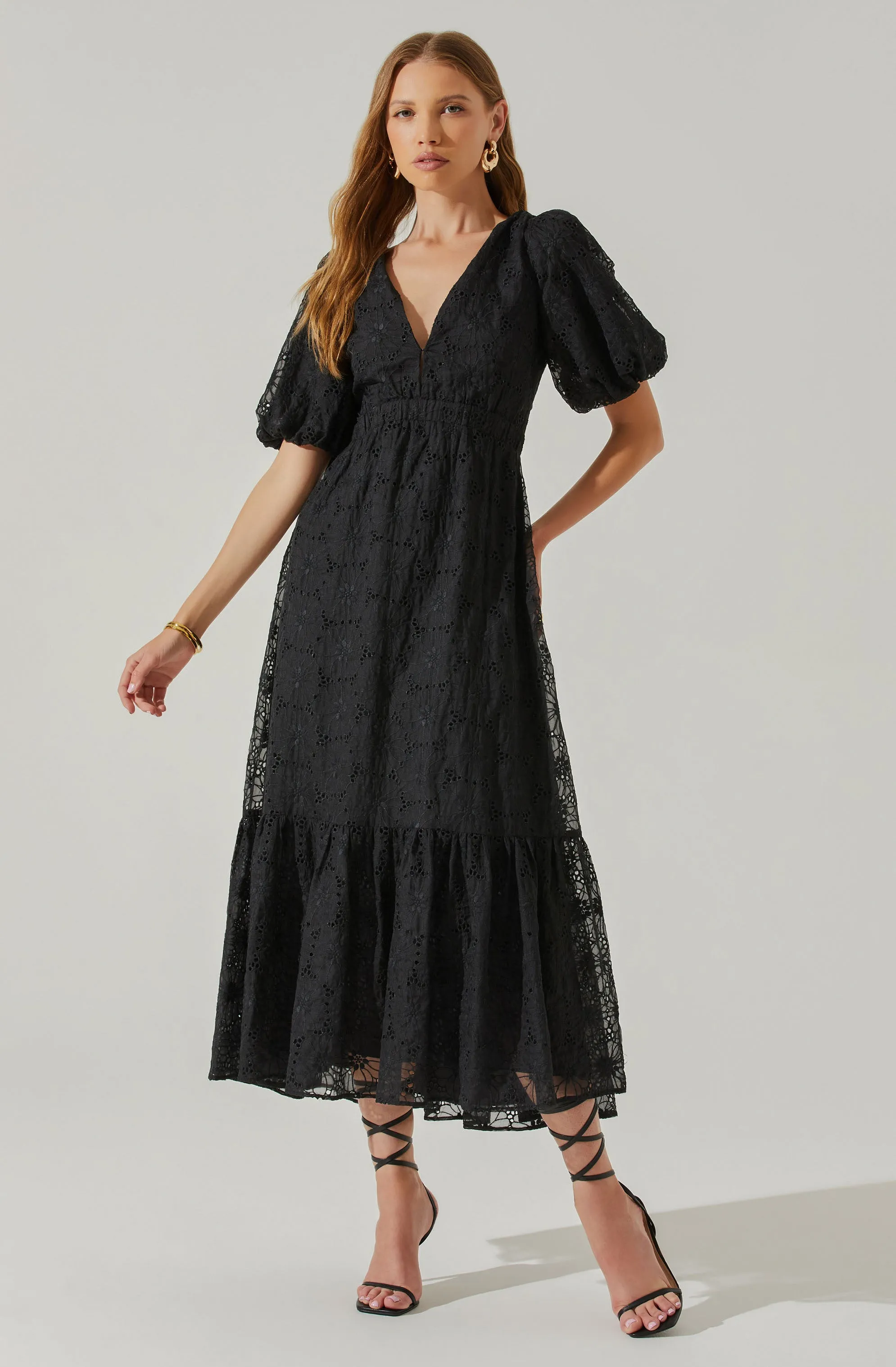 Jaxine Eyelet Puff Sleeve Open Back Midi Dress