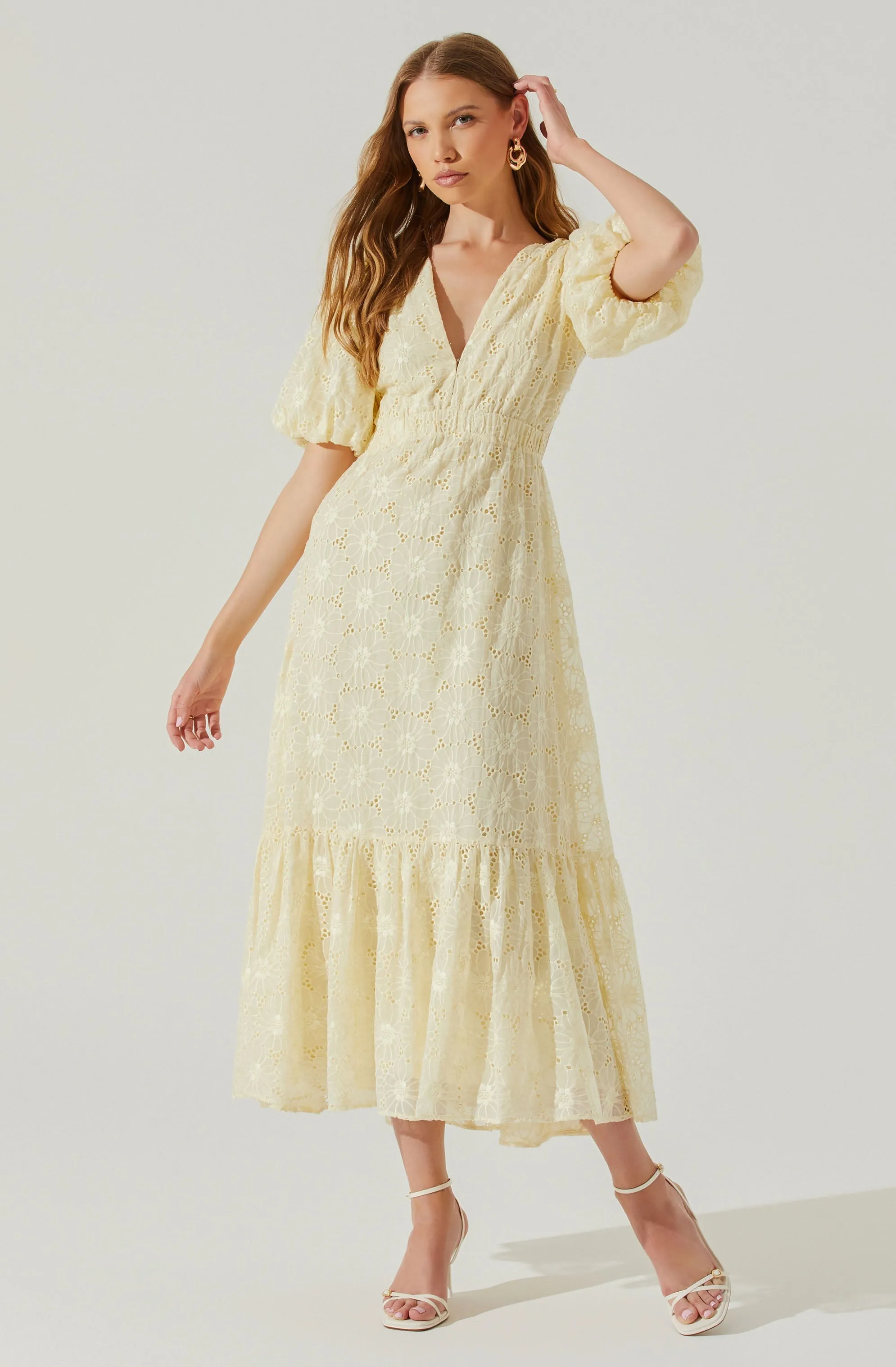 Jaxine Eyelet Puff Sleeve Open Back Midi Dress