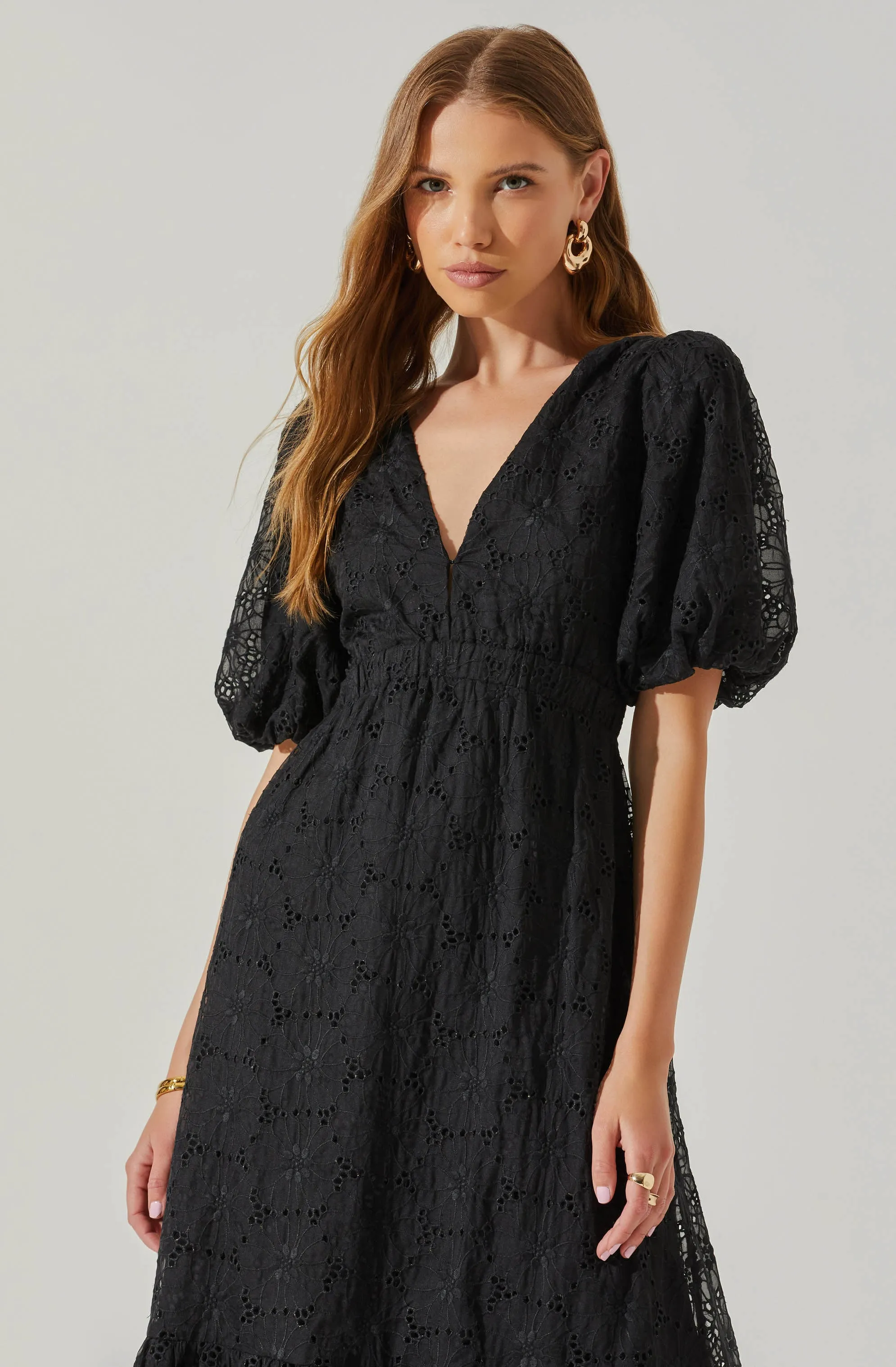 Jaxine Eyelet Puff Sleeve Open Back Midi Dress