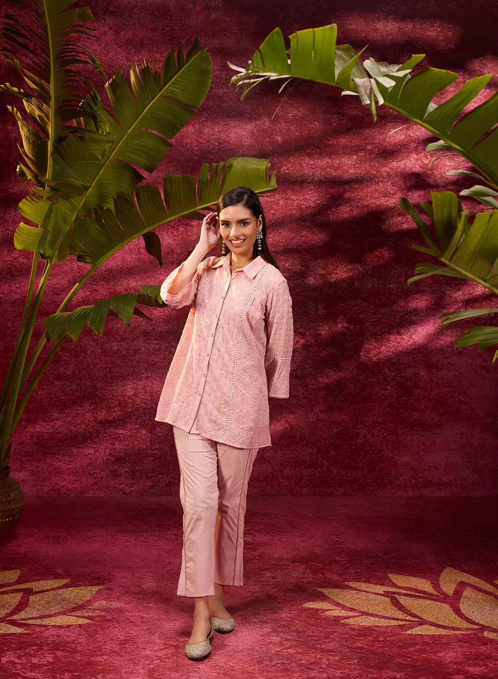 Jhalak Light Pink Embroidered Georgette Shirt for Women