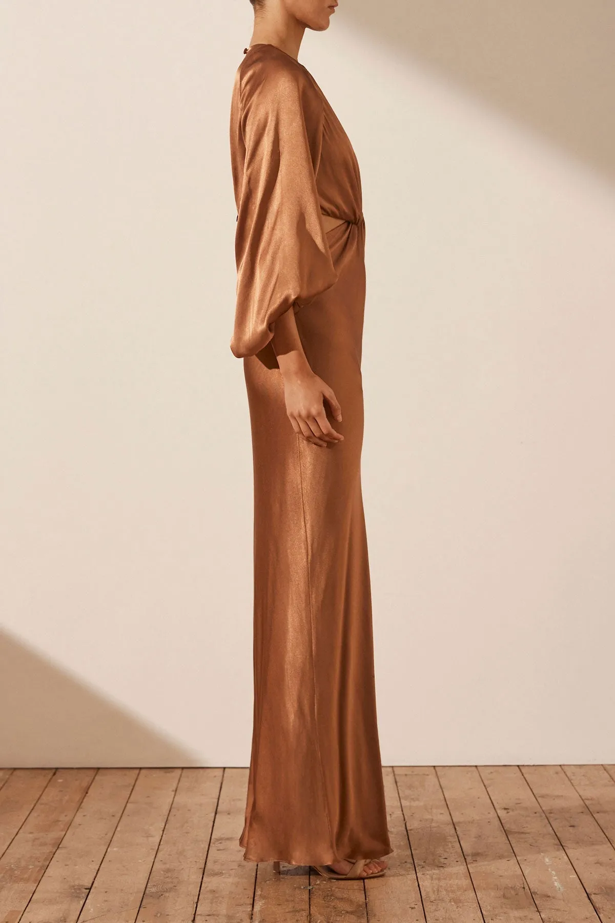 LA LUNE TWIST FRONT CUT OUT MAXI DRESS - ALMOND