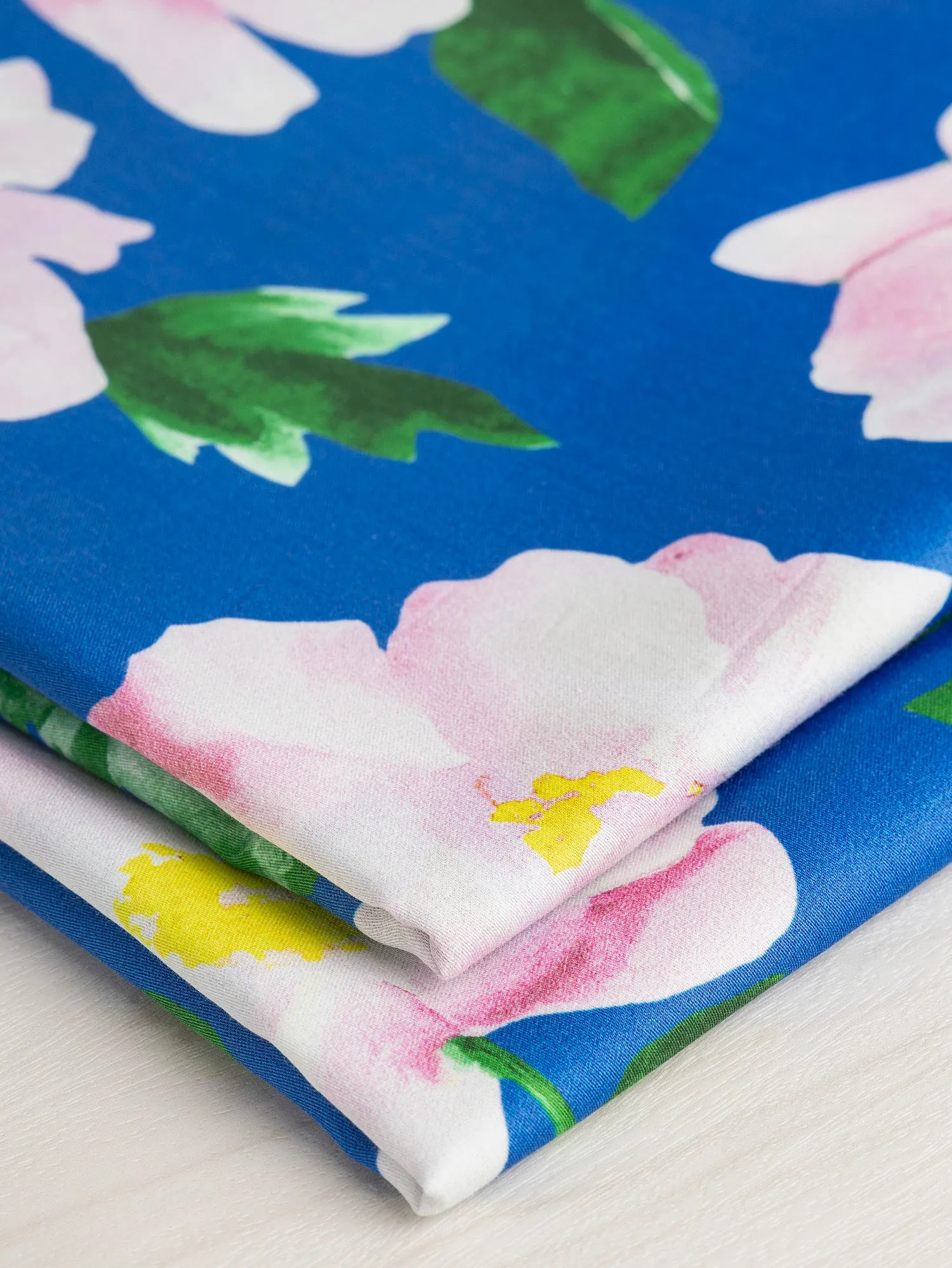 Large Magnolia Print Cotton Lawn - Blue   Pink   Green - Swatch