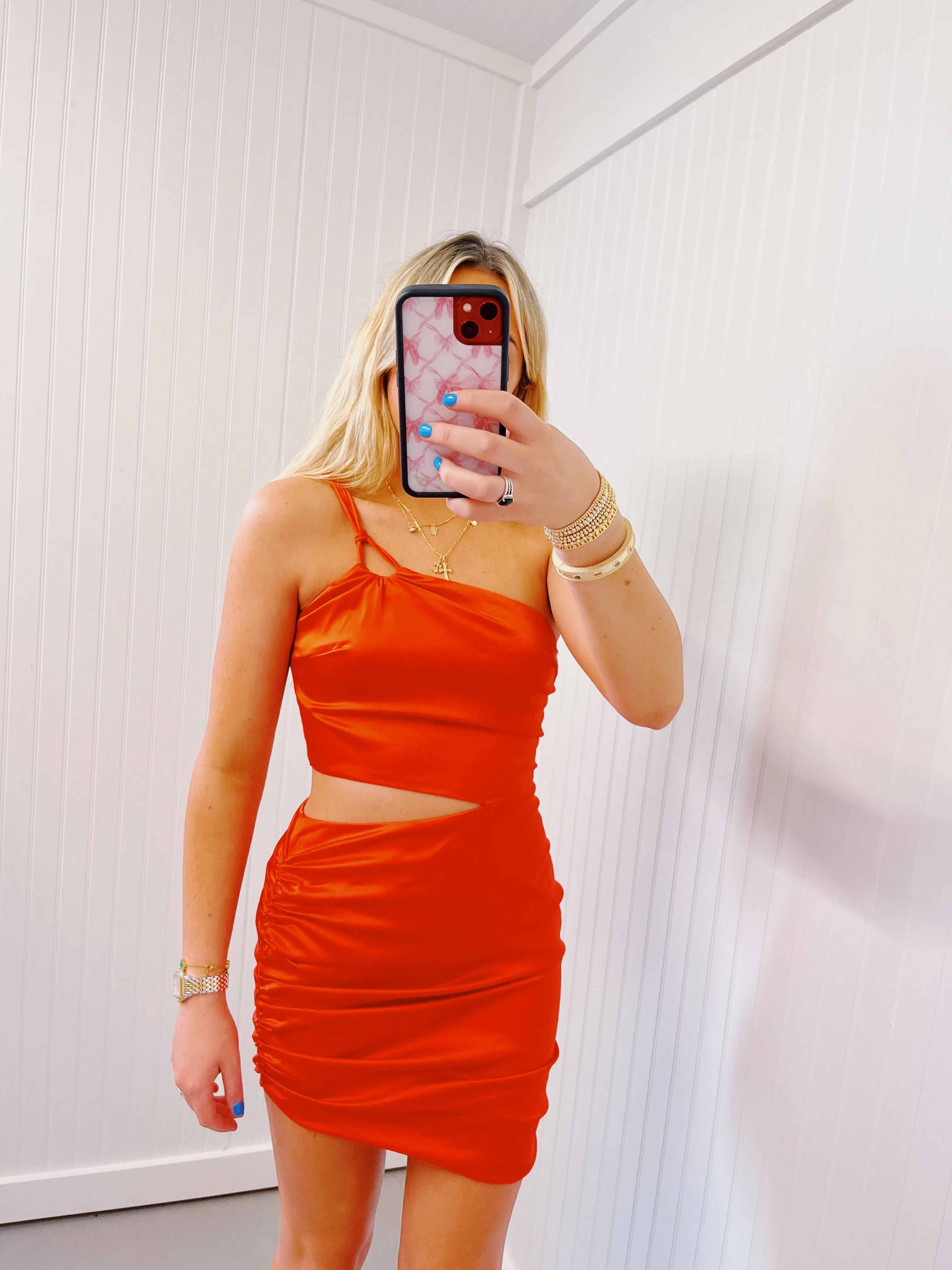 Let's Meet Satin One Shoulder Dress - Orange