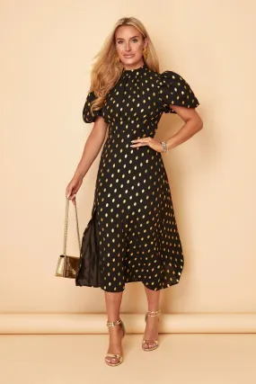 Lilly Black Gold Foil Print Puff Sleeve Midi Dress