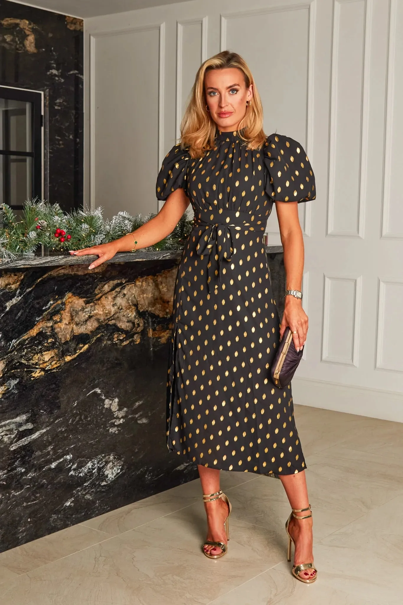 Lilly Black Gold Foil Print Puff Sleeve Midi Dress