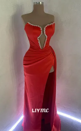 LP1813 - Off-Shoulder Sleveless Cut Outs Pleated Sleek Satin High Slit Prom Dress