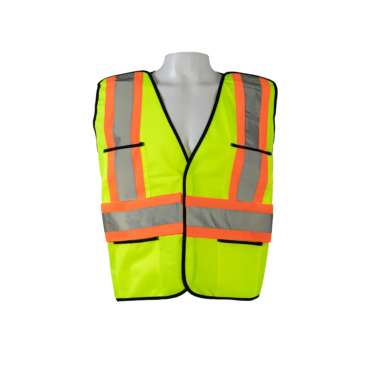 LV2-PSVCSA ANSI & CSA Compliant Public Safety Vest, Lime Solid Front Mesh Back, Reflective “X” On Back