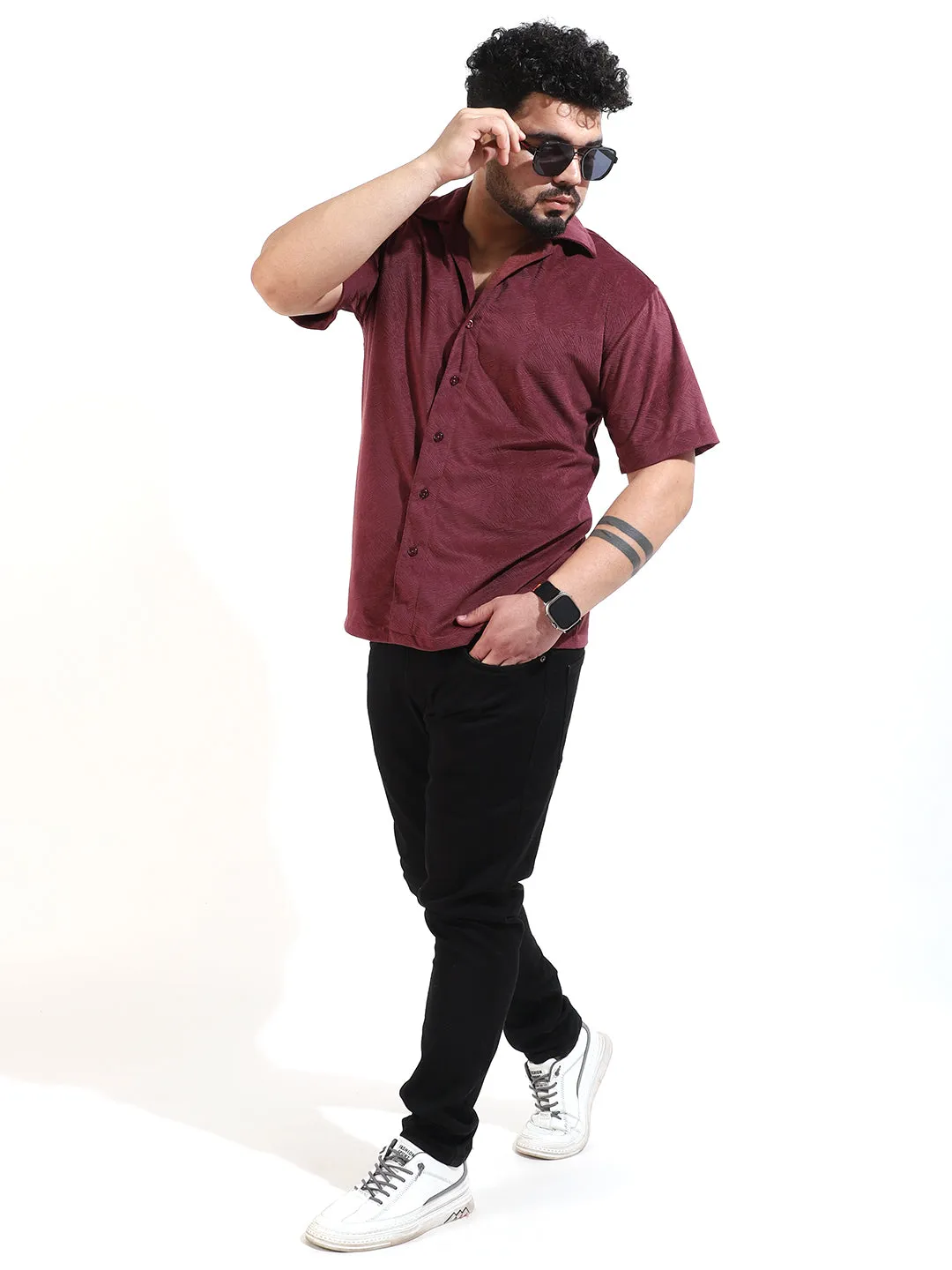 Maroon Corduroy Velvet Half Sleeve Shirt