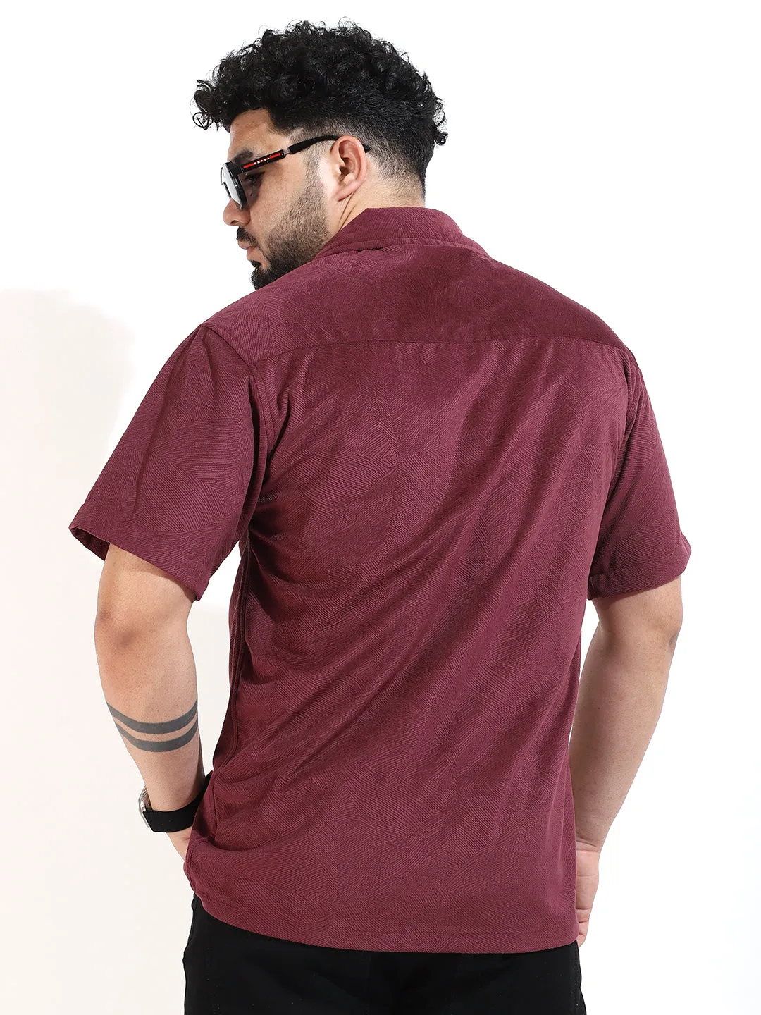 Maroon Corduroy Velvet Half Sleeve Shirt