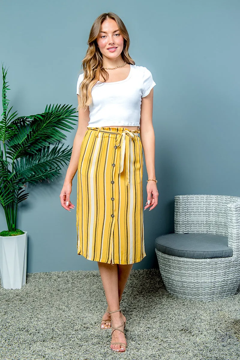 Multi Color Striped Paperbag Waist Button Down Midi Skirt with Waist Tie (7119SY)