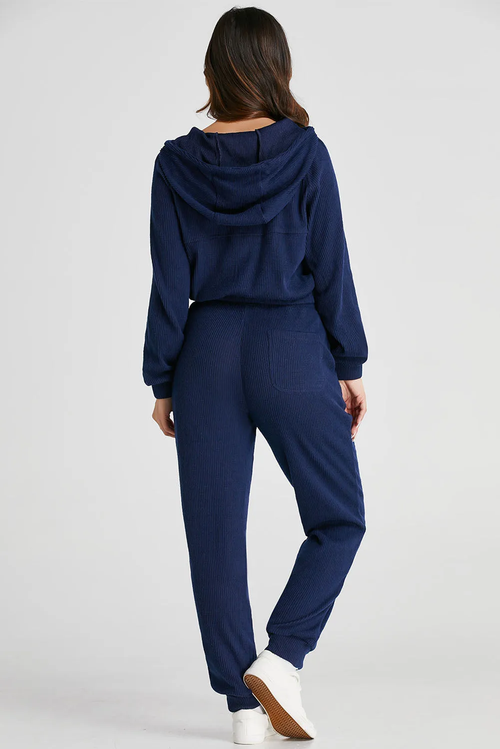 Navy Blue Ribbed Knit Cropped Hoodie and Drawstring Joggers Set