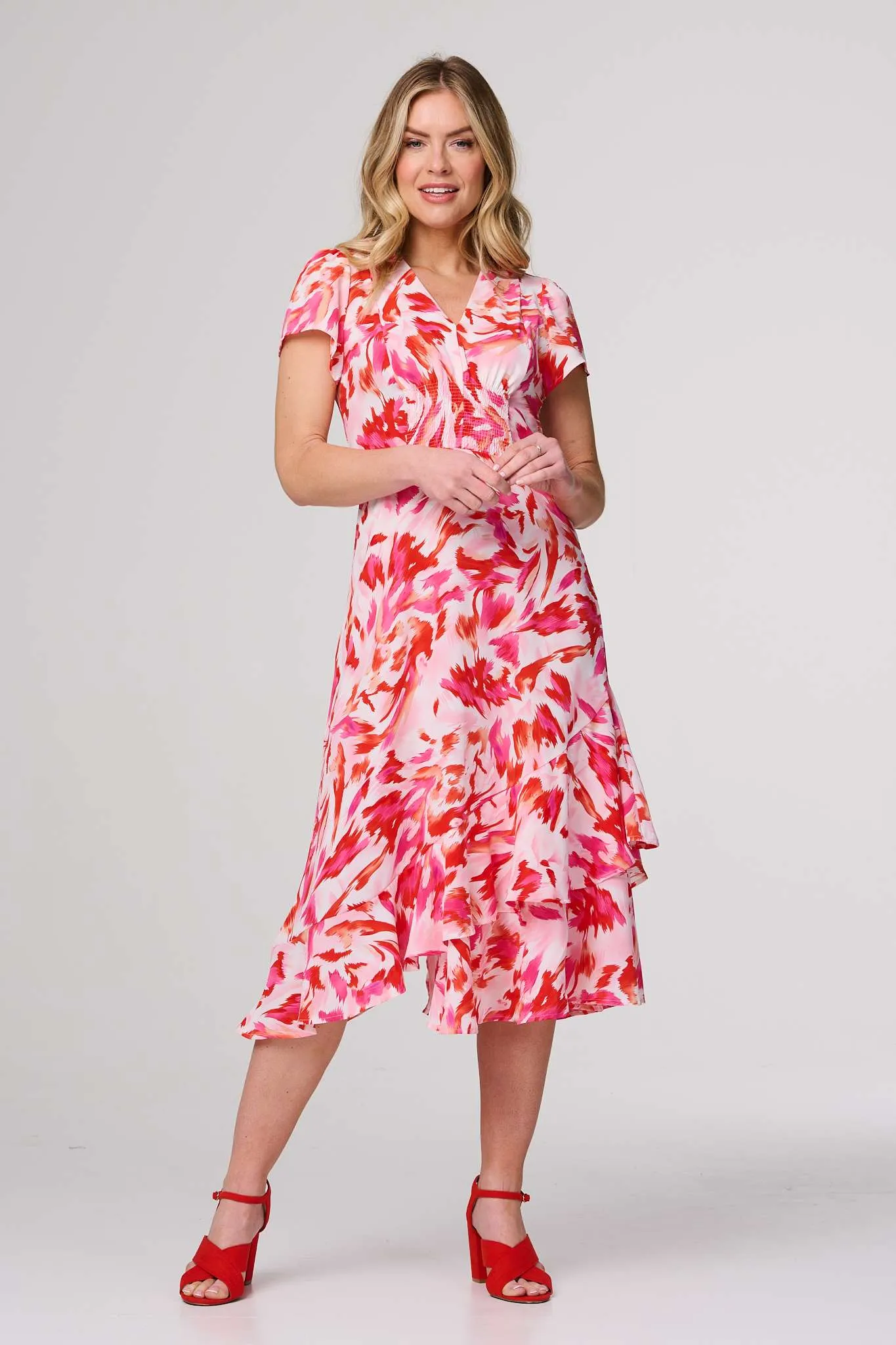 Printed Layered Hem Midi Dress