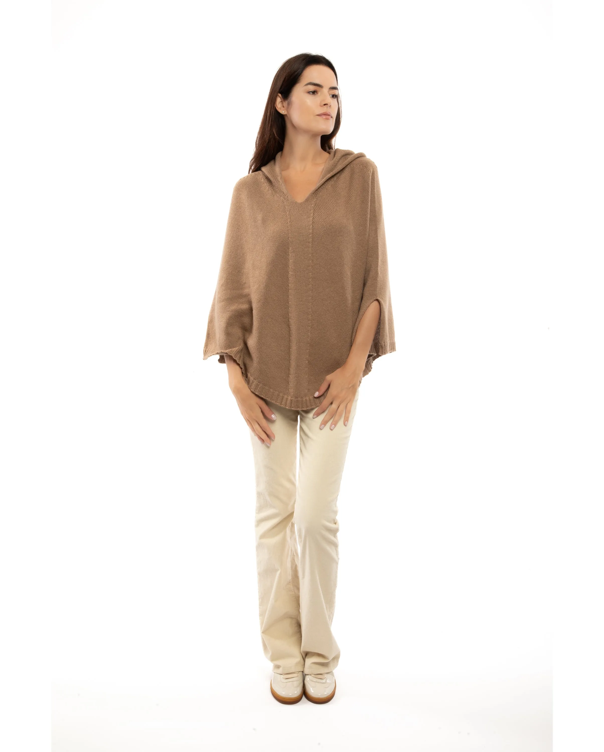 Pure Cashmere Hoodie Poncho Camel