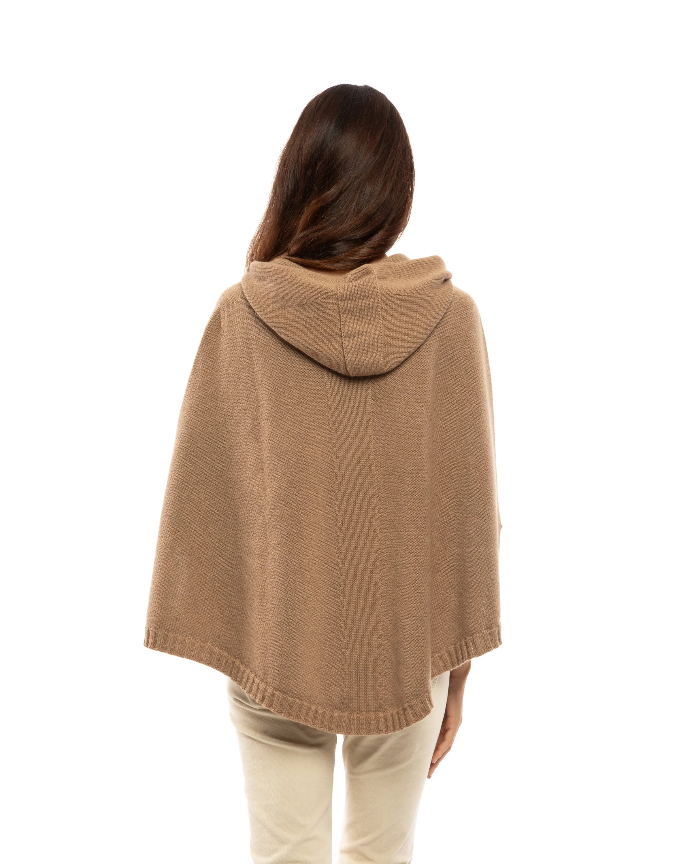 Pure Cashmere Hoodie Poncho Camel