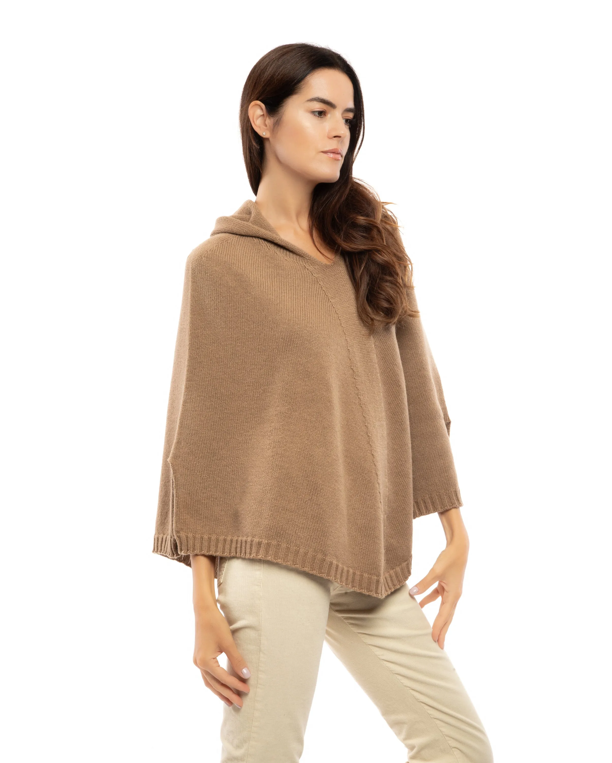 Pure Cashmere Hoodie Poncho Camel