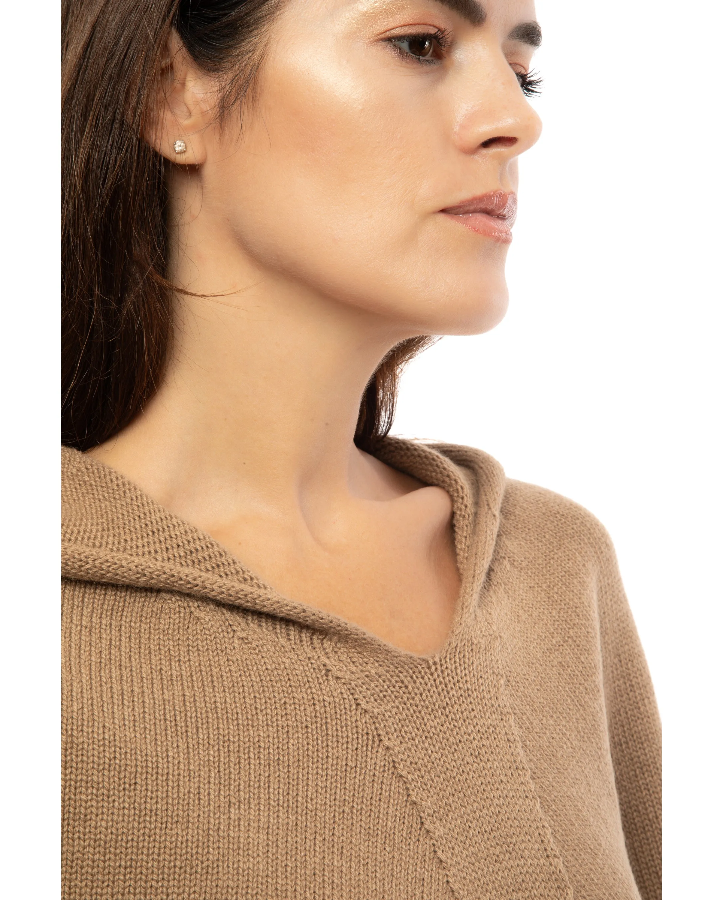 Pure Cashmere Hoodie Poncho Camel