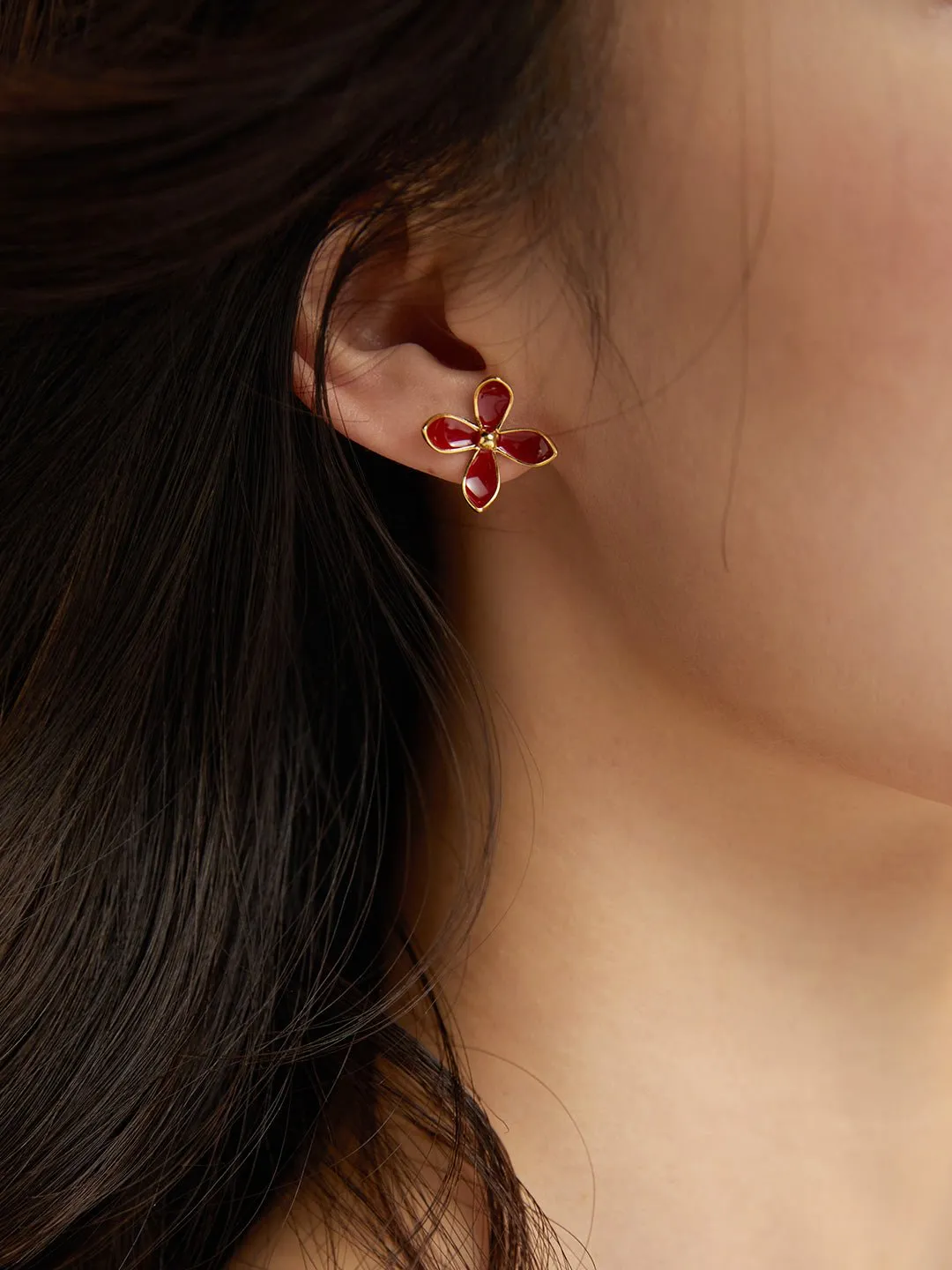 Red Enamel Glaze Earrings Flower Vitality in Bloom