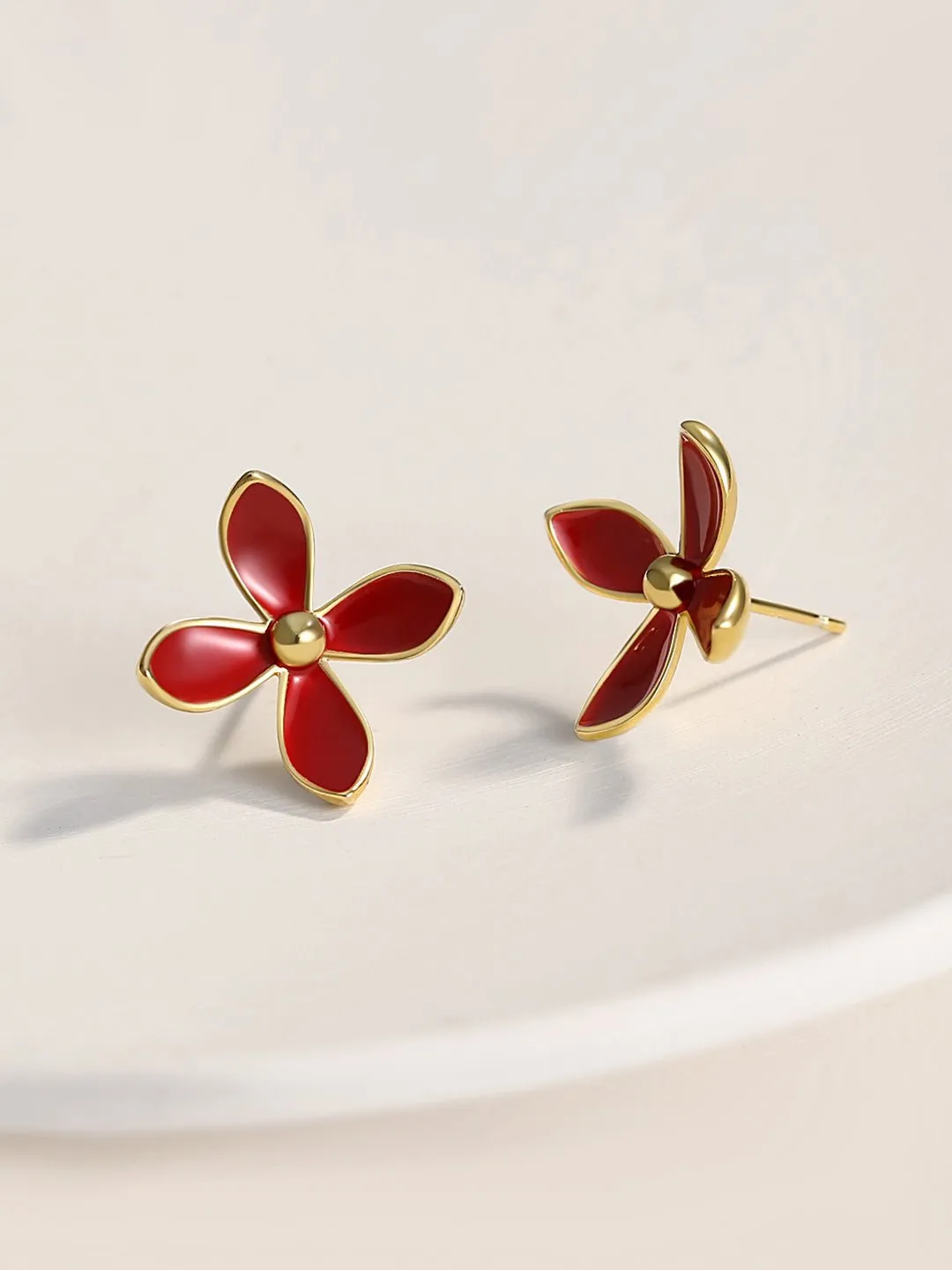 Red Enamel Glaze Earrings Flower Vitality in Bloom