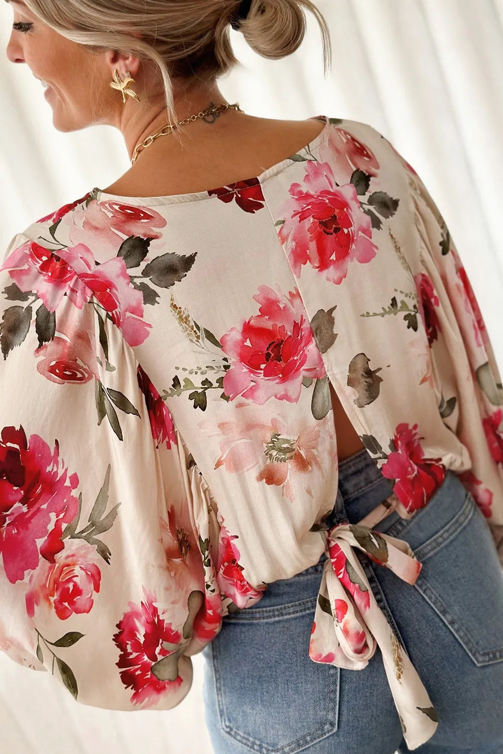 Rose Floral 3/4 Sleeve Lace-up Back Blouse