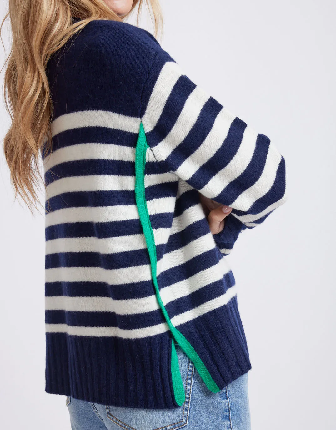 Saint-Germain Crew Knit Jumper - Navy/Green Stripe