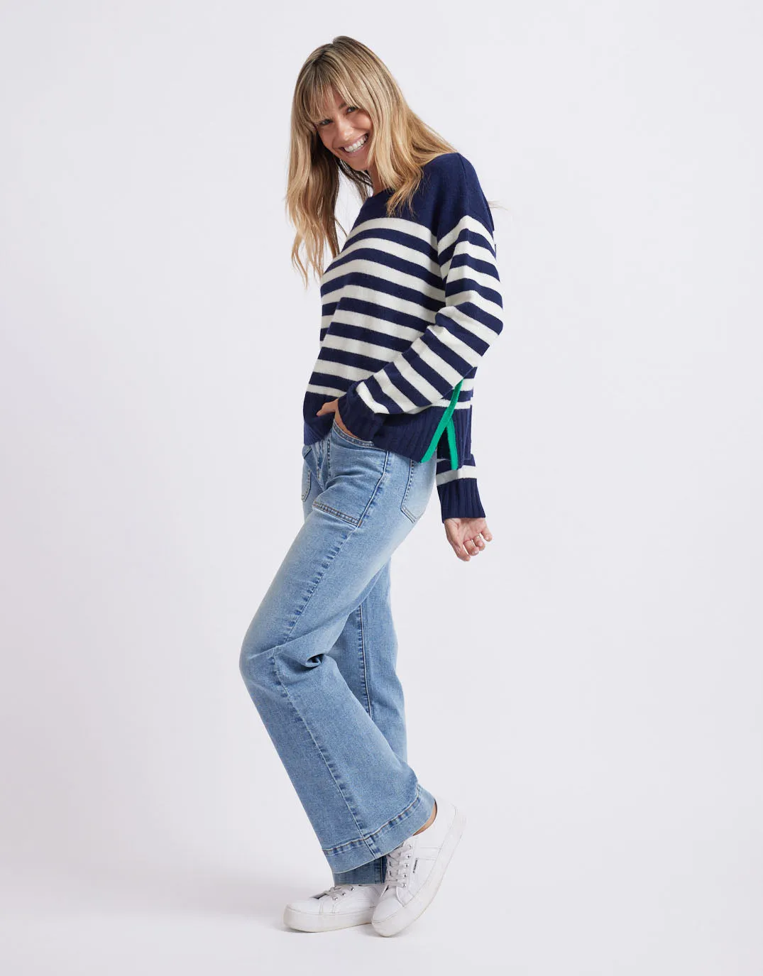 Saint-Germain Crew Knit Jumper - Navy/Green Stripe