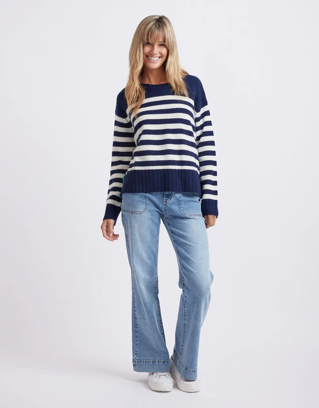 Saint-Germain Crew Knit Jumper - Navy/Green Stripe