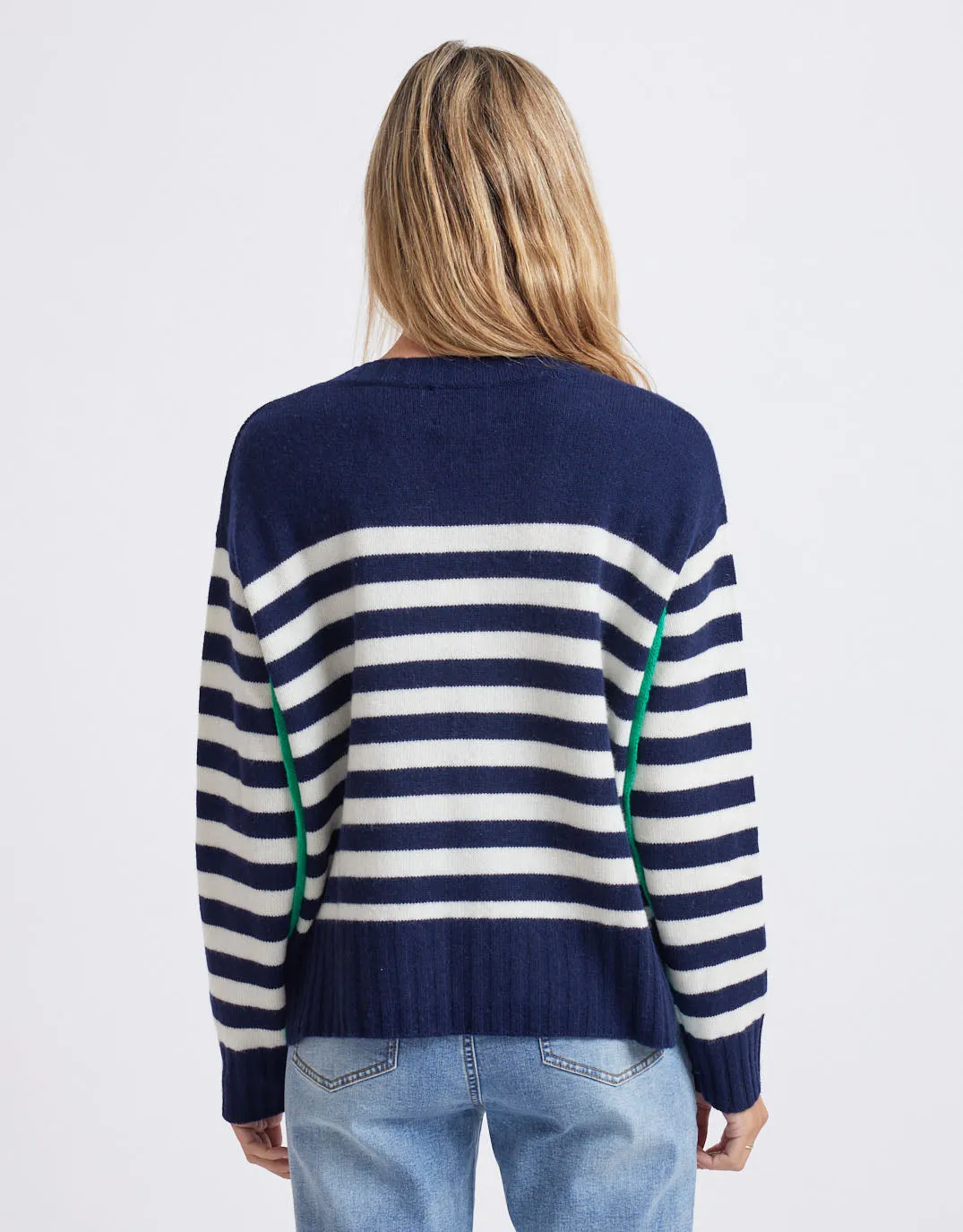 Saint-Germain Crew Knit Jumper - Navy/Green Stripe