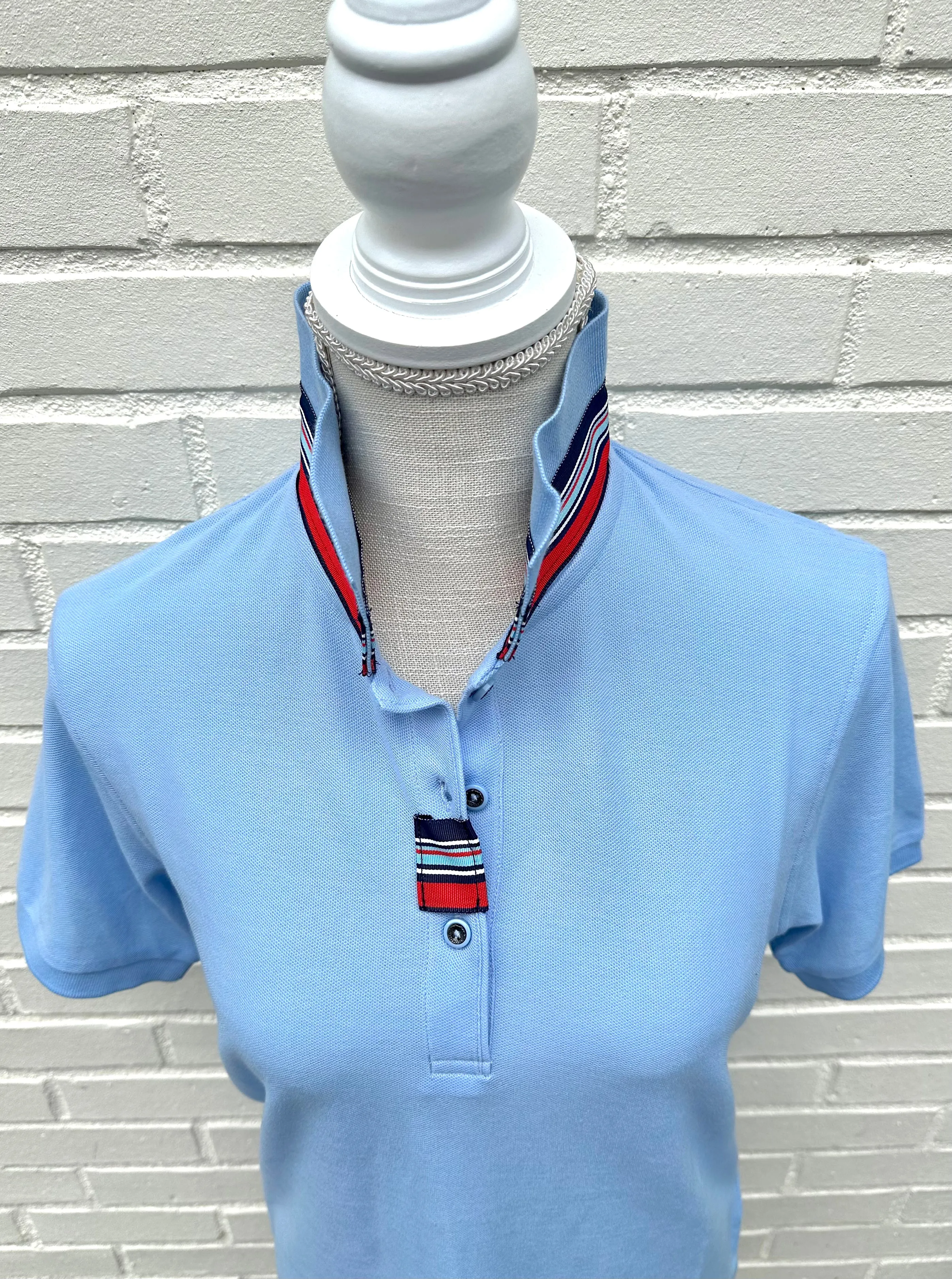 SALE - S ONLY - Madonna Light Blue Polo w Navy/Red/Blue Grosgrain (POLO4) *FINAL SALE*