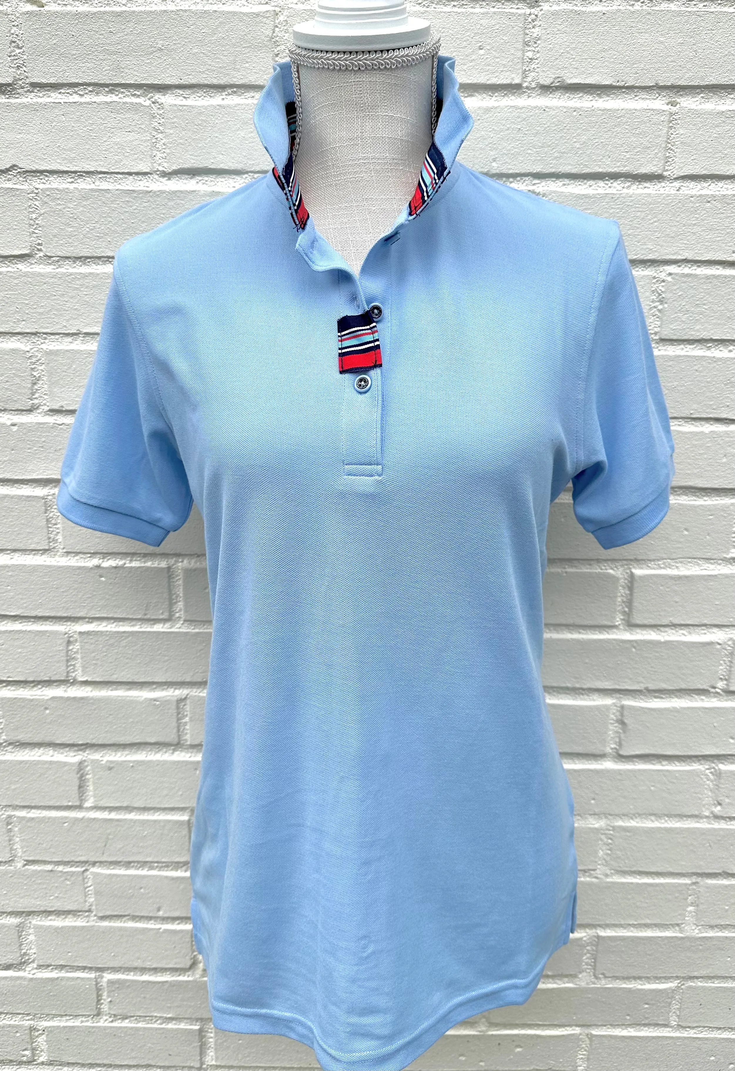 SALE - S ONLY - Madonna Light Blue Polo w Navy/Red/Blue Grosgrain (POLO4) *FINAL SALE*