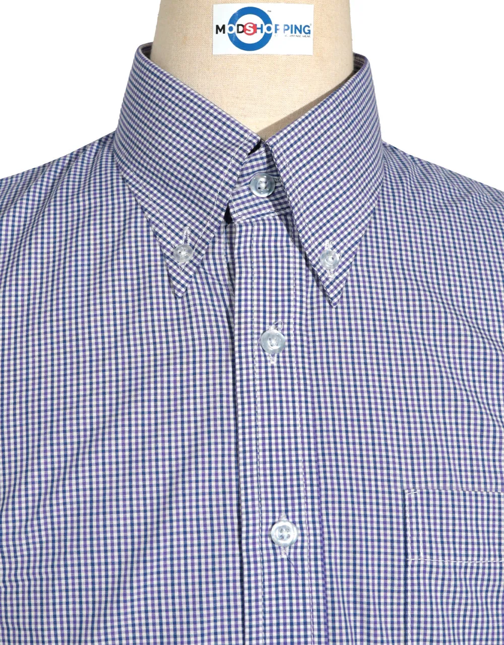 Short Sleeve Shirt - Purple and Navy Blue  Small Gingham Check Shirt