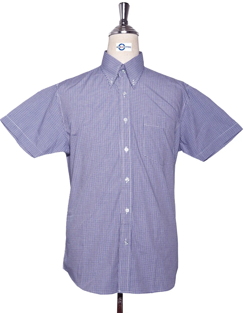 Short Sleeve Shirt - Purple and Navy Blue  Small Gingham Check Shirt