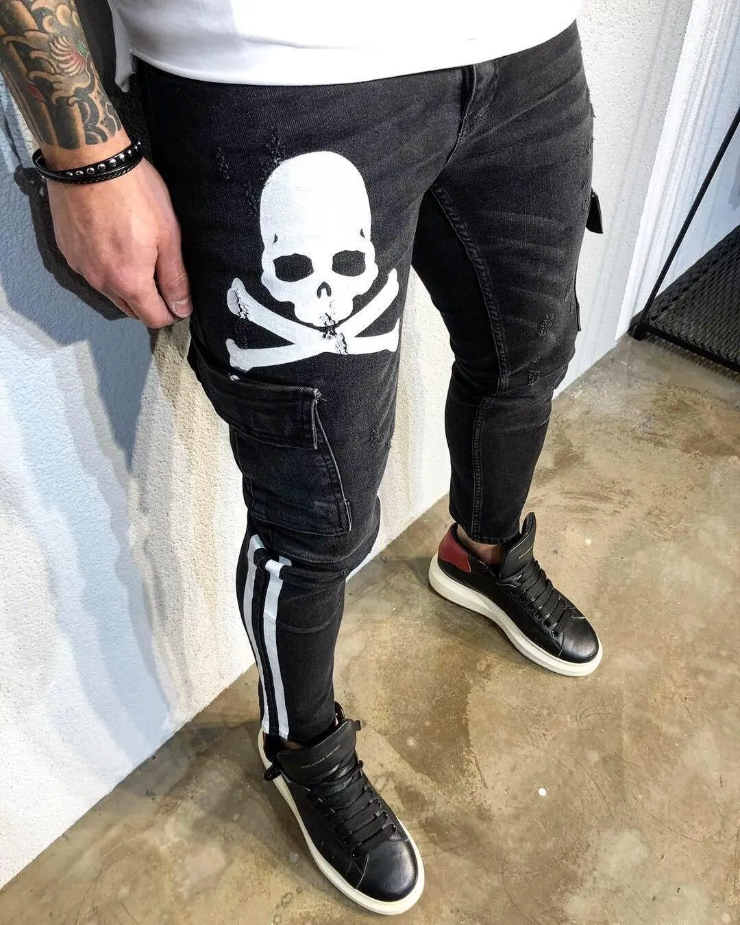 Skull Printed Cargo Pocket Ultra Skinny Fit Denim B331 Streetwear Jeans