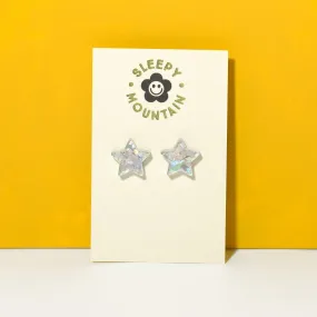 Star stud earrings iridescent silver glitter