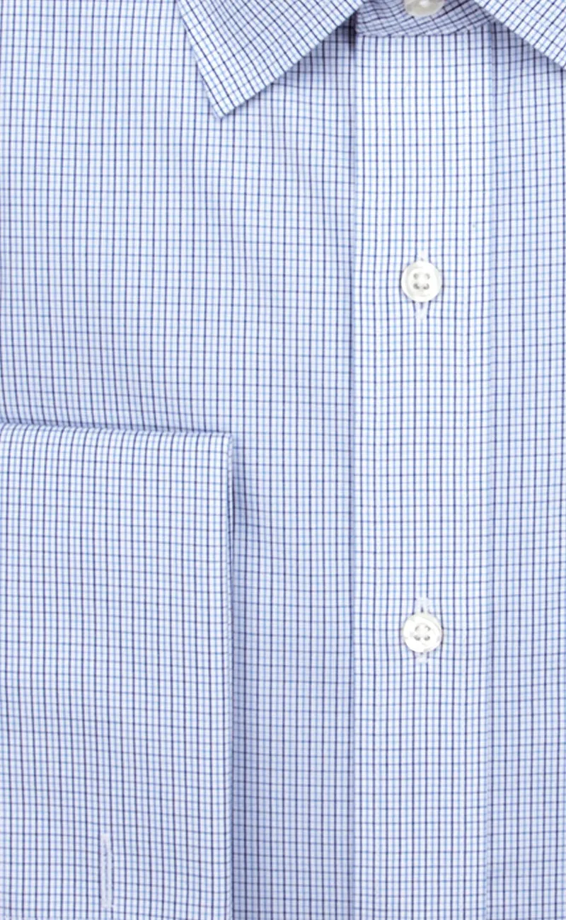 Tailored Fit Blue / Navy Micro Check Spread Collar French Cuff Supima® cotton Non-Iron Broadcloth Dress Shirt