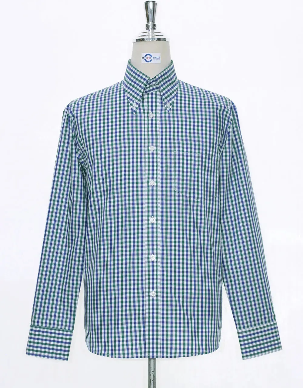 This Shirt Only - Green and Navy Blue Gingham Check Shirt Size M