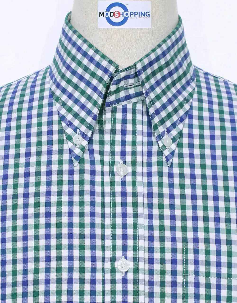 This Shirt Only - Green and Navy Blue Gingham Check Shirt Size M