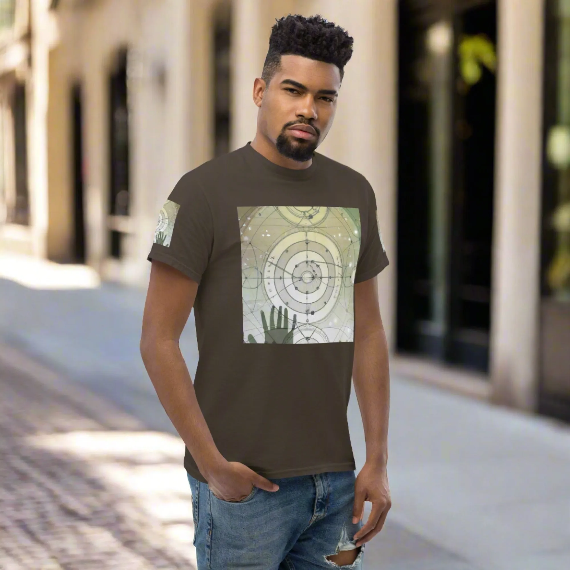 Urban Elegance: Men's Classic Tee with Abstract Balance Print