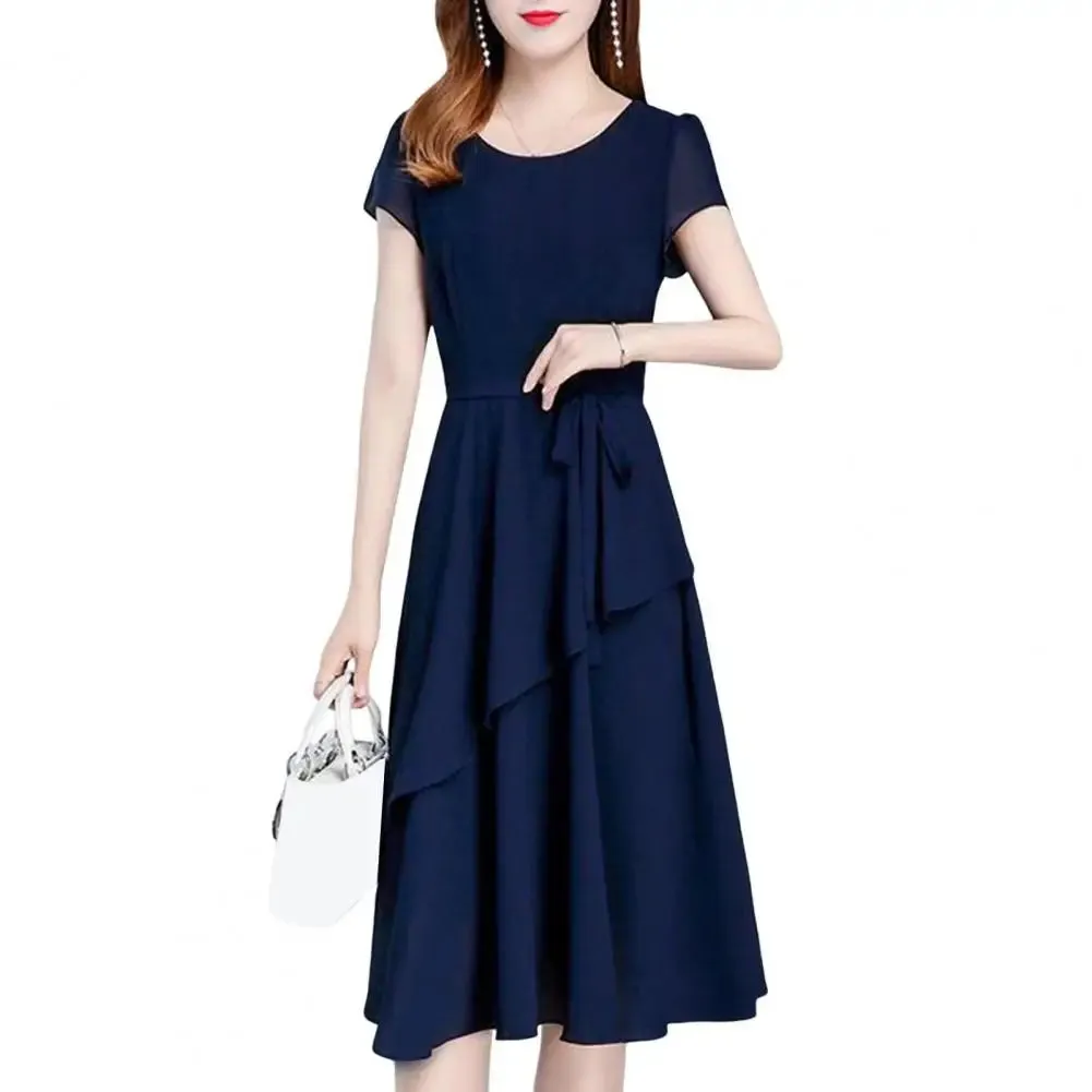 Versatile Dress Elegant Lace Up A-line Midi Dress with Short Sleeves for Women O-neck Streetwear Layered Hem Oversize Korean