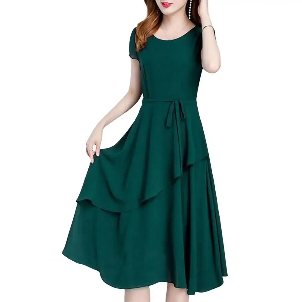 Versatile Dress Elegant Lace Up A-line Midi Dress with Short Sleeves for Women O-neck Streetwear Layered Hem Oversize Korean