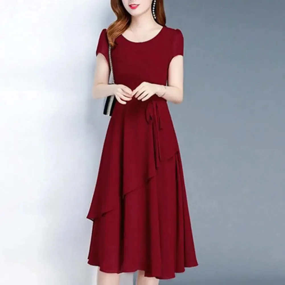 Versatile Dress Elegant Lace Up A-line Midi Dress with Short Sleeves for Women O-neck Streetwear Layered Hem Oversize Korean