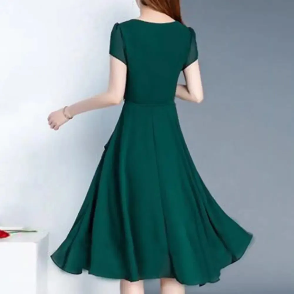 Versatile Dress Elegant Lace Up A-line Midi Dress with Short Sleeves for Women O-neck Streetwear Layered Hem Oversize Korean