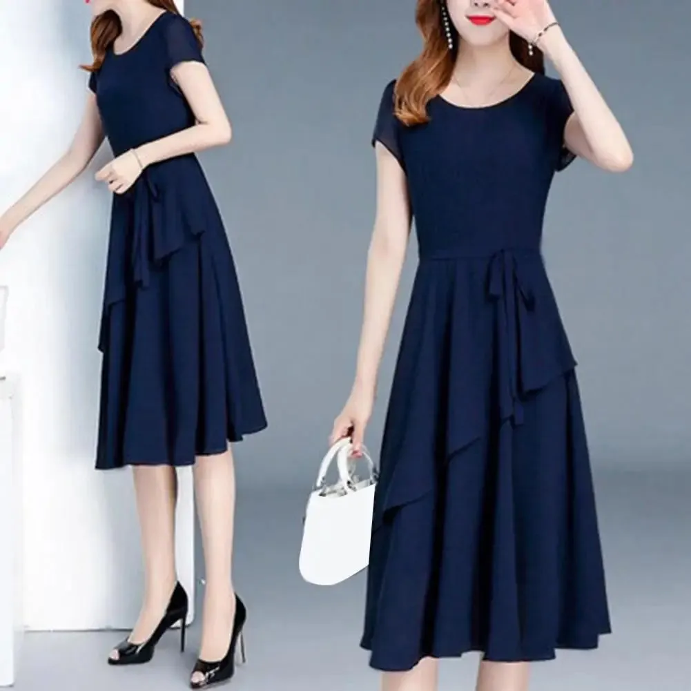 Versatile Dress Elegant Lace Up A-line Midi Dress with Short Sleeves for Women O-neck Streetwear Layered Hem Oversize Korean