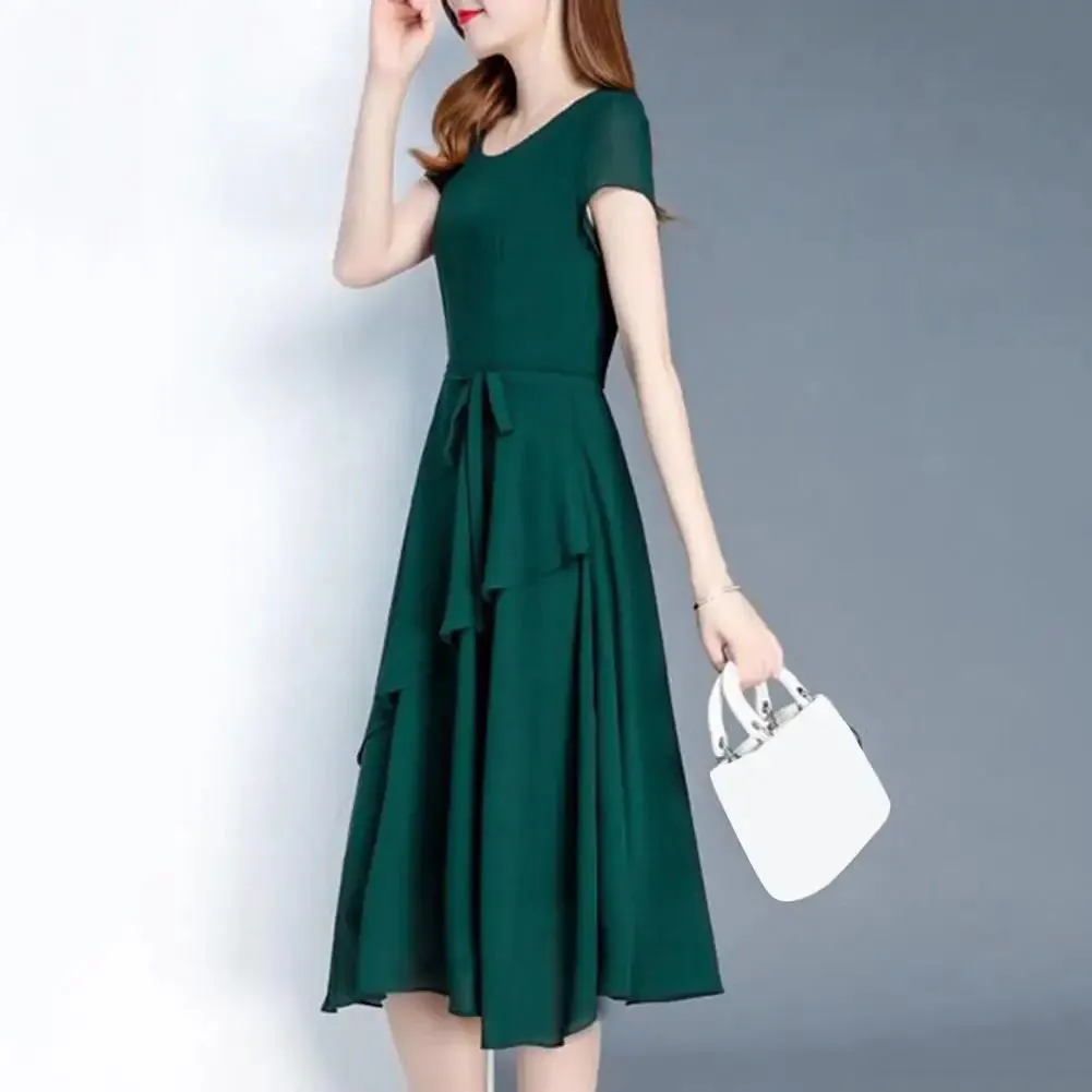 Versatile Dress Elegant Lace Up A-line Midi Dress with Short Sleeves for Women O-neck Streetwear Layered Hem Oversize Korean