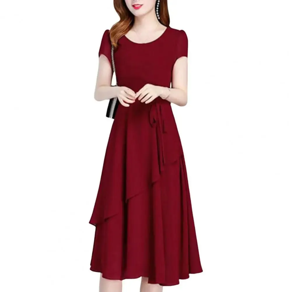 Versatile Dress Elegant Lace Up A-line Midi Dress with Short Sleeves for Women O-neck Streetwear Layered Hem Oversize Korean