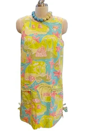 VINTAGE 1990s  LILLY PULITZER THE LILLY AQUA, PINK AND GREEN SUMMER PALM TREES OCEAN DRESS WITH BOWS AND POM POM TRIM