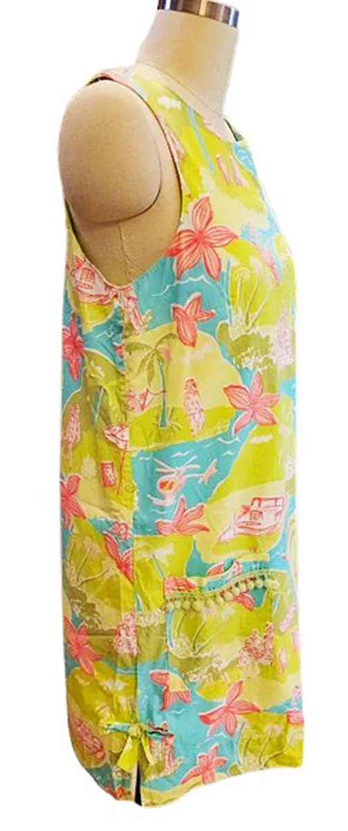 VINTAGE 1990s  LILLY PULITZER THE LILLY AQUA, PINK AND GREEN SUMMER PALM TREES OCEAN DRESS WITH BOWS AND POM POM TRIM