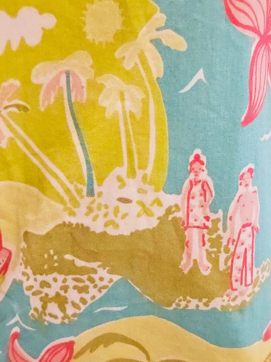 VINTAGE 1990s  LILLY PULITZER THE LILLY AQUA, PINK AND GREEN SUMMER PALM TREES OCEAN DRESS WITH BOWS AND POM POM TRIM