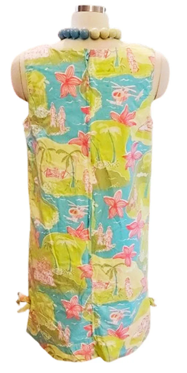 VINTAGE 1990s  LILLY PULITZER THE LILLY AQUA, PINK AND GREEN SUMMER PALM TREES OCEAN DRESS WITH BOWS AND POM POM TRIM